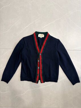 Gucci Navy Cardigan with Green and Red Striped Trim